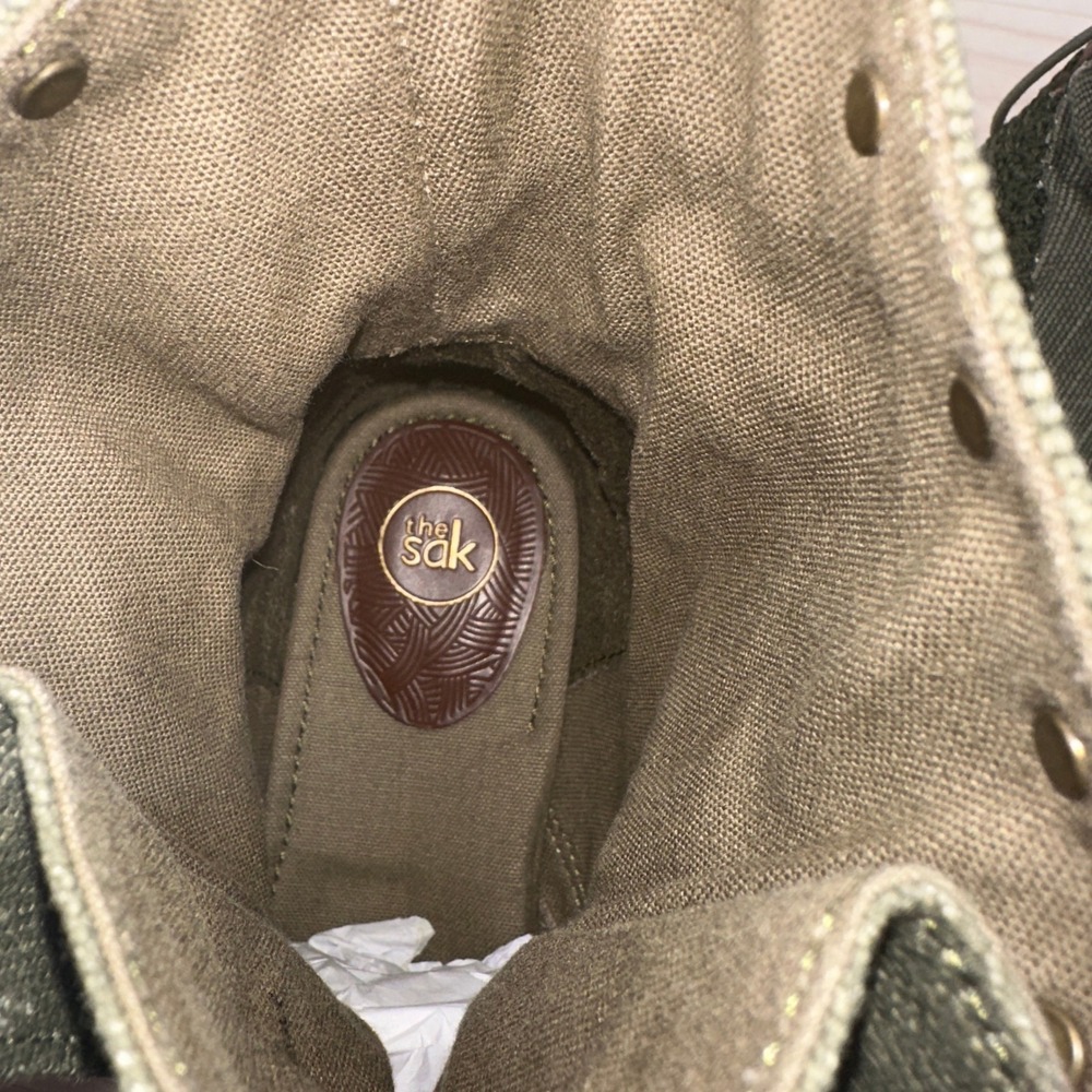 The Sak Ankle Boots 8 Olive Green Canvas Brown Leather Cap Toe Studded Lace Up - Picture 11 of 14